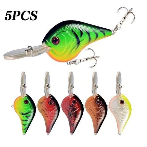 5pc Multicolored Crankbait Freshwater Fishing Lure Plastic Bait Tackle Hooks - Picture 1 of 10